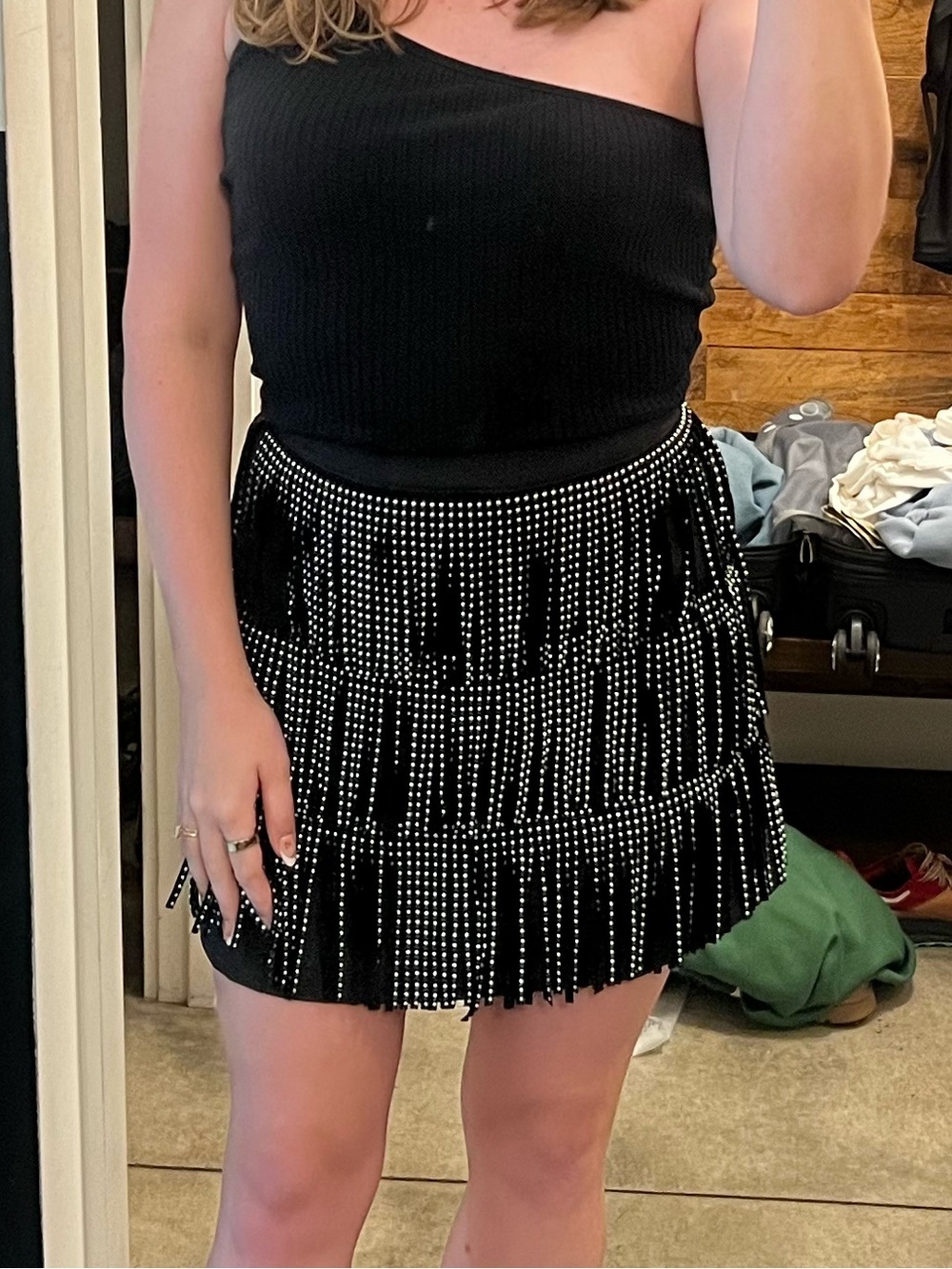 LN Main Strip SZ M Black Mini Skirt w/Beaded Metallic studded Fringe/waist 29”